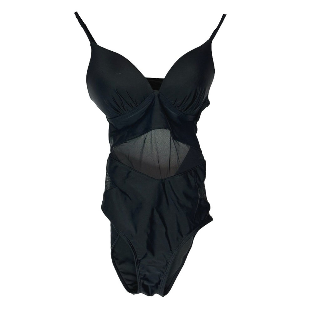 Forever 21 Black Mesh Cutout One-Piece Swimsuit Adjustable Straps Size Small